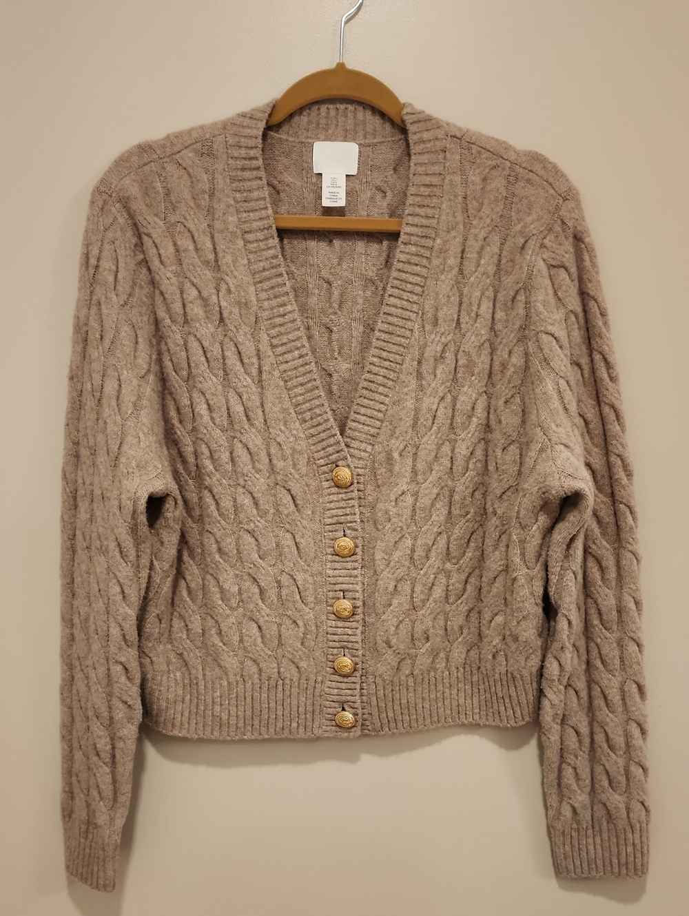 H & M Cable Knit Cardigan Wool Blend Soft Gold Buttons Classic size Small